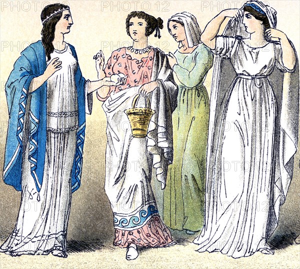 The figures illustrate four ancient Greek women (from different classes and in a variety of outfits). The illustration dates to 1882.