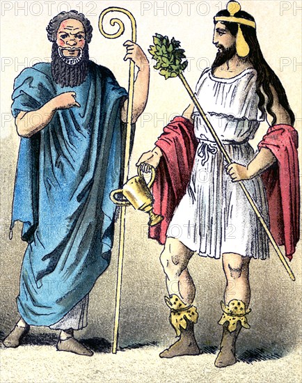 The figures illustrate two ancient Greek actors (the one second from right wears a typical drama mask). The illustration dates to 1882.