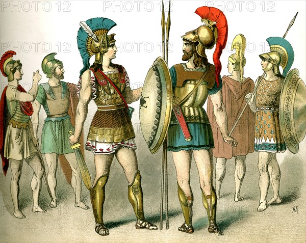 The illustration depicts ancient Greek warriors. The illustration dates to 1882.