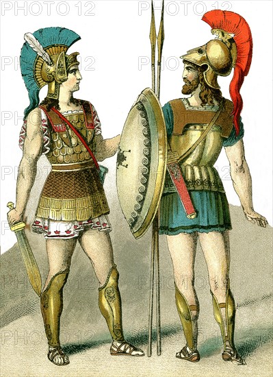 The illustration, which dates to 1882, depicts two ancient Greek warriors.