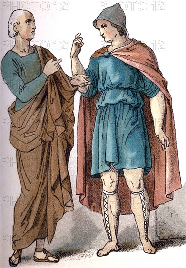 The figuures represent two ancient Greeks: a philosopher (left) and a commoner (right). The illustration dates to 1882.