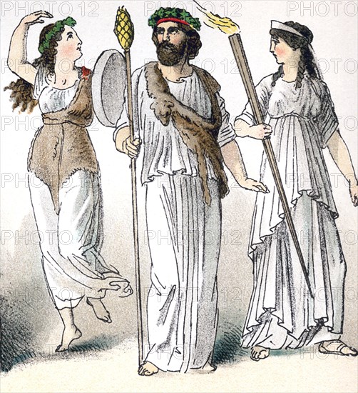 The figures illustrate ancient Greek religious figures: from left to right, a female Bacchant, a priest of the god Bacchus, and a priestess.