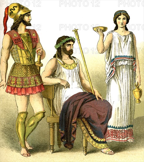 The figures represent ancient Greeks. From left to right, they are: a warrior, a king, and a woman of the upper class. .