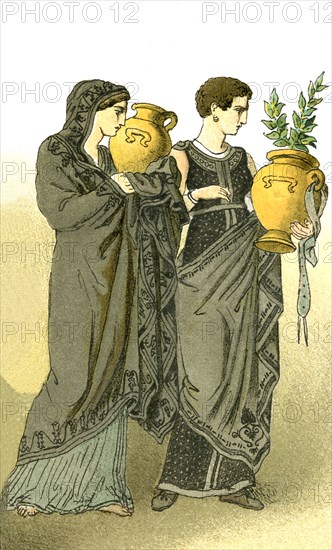 The figures represent two ancient Greek women in mourning. Greek women, by custom, kept their hair long, but cut it close when in mourning, as shown here. Their dark clothes also signify that they are in mourning. They are carrying amphorae.