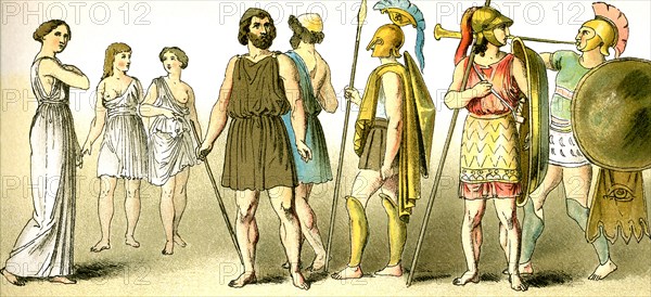 These illustrations of ancient Greeks represent, from left to right: a woman, girls (prehaps Spartans) preparing to exercise, two commoners, two warriors, and a trumpeter. The illustrations date to 1892.