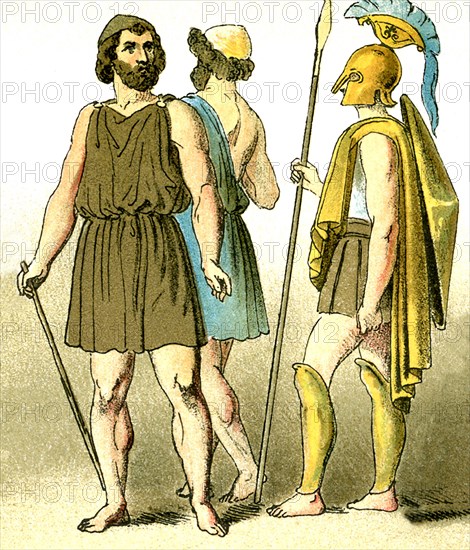 These illustrations of ancient Greeks represent, from left to right: a two commoners and a warrior. The illustrations date to 1892.