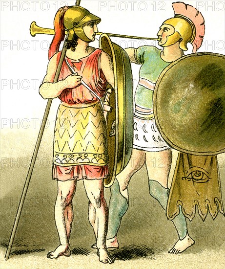 These illustrations of ancient Greeks represent, from left to right: a warrior and a trumpeter. The illustrations date to 1892.