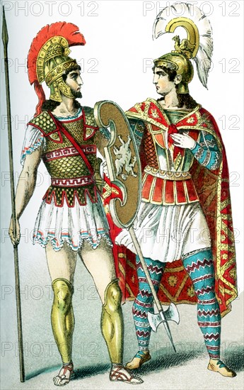 This illustration shows two warriors who lived in Asia Minor at the time the Roman Empire ruled the area. They represent: a Roman warrior (left) and a warrior from Asia Minor. The illustration dates to 1882.