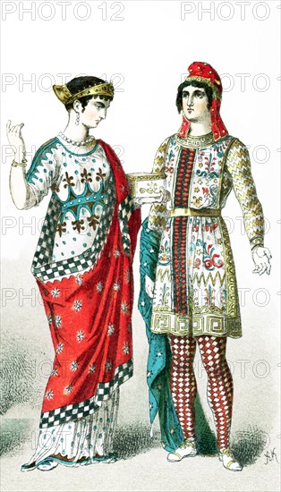 This illustration shows two people who lived in Asia Minor at the time the Roman Empire ruled the area. The figures, from left to right, represent: a lady of rank and a nobleman. The illustration dates to 1882.