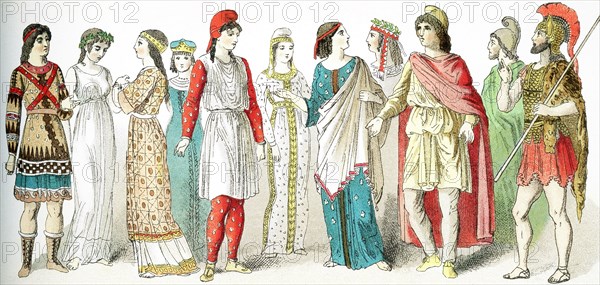 The figures in this illustration, which dates to 1882, represent people living in Asia Minor (present-day Turkey) in ancient times. They are, from left to right: a man, two women from earlier times, a woman, a man, three women, two men, a warrior.