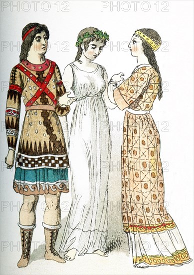 The figures in this illustration, which dates to 1882, represent people living in Asia Minor (present-day Turkey) in ancient times. They are, from left to right: a man, two women from earlier times.