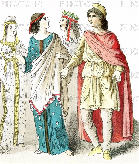 The figures in this illustration, which dates to 1882, represent people living in Asia Minor (present-day Turkey) in ancient times. They are, from left to right: three women and a man.