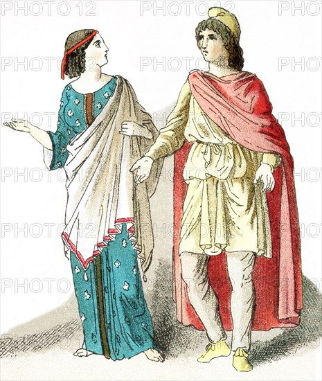 The figures in this illustration, which dates to 1882, represent a woman and a man living in Asia Minor (present-day Turkey) in ancient times. .