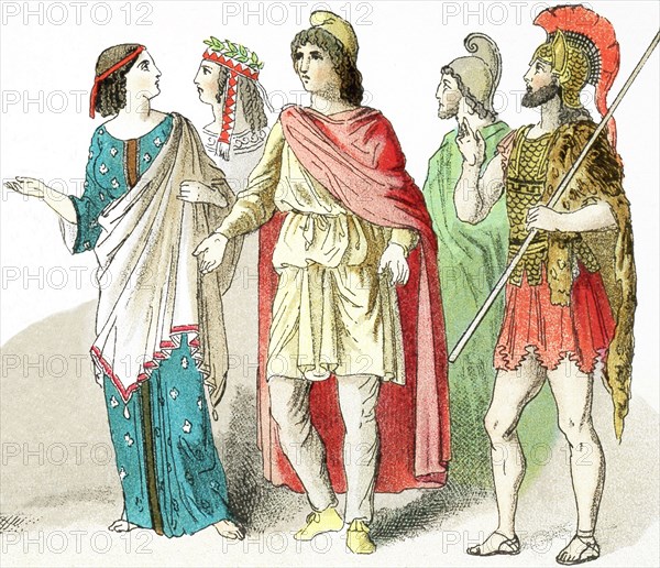 The figures in this illustration, which dates to 1882, represent people living in Asia Minor (present-day Turkey) in ancient times. They are, from left to right: two women, two men, a warrior.