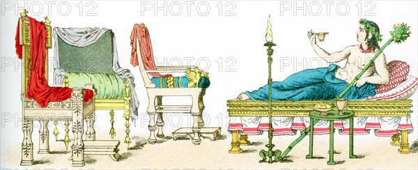 The illustration here shows ancient Greek artifacts. They are from left to right: three chairs and a couch with table and candelabrum. The illustration dates to 1882.