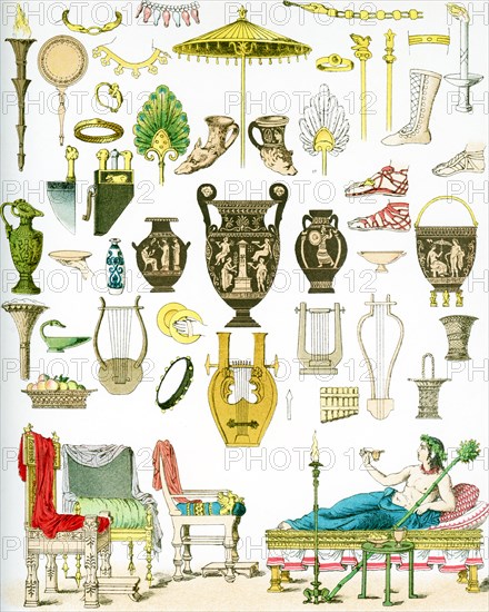 The illustration here shows ancient Greek artifacts. They are from left to right, top to bottom: flaming torch, mirror, three necklaces, armlet, necklace, two scepters, flaming torch, earrings, fan, two drinking horns, fan, four foot coverings, eight vases and other vessels, two sacrificial knives, three baskets, seven musical instruments, two baskets, couch with table and candelabrum, three chairs, one parasol.The illustration dates to 1882.