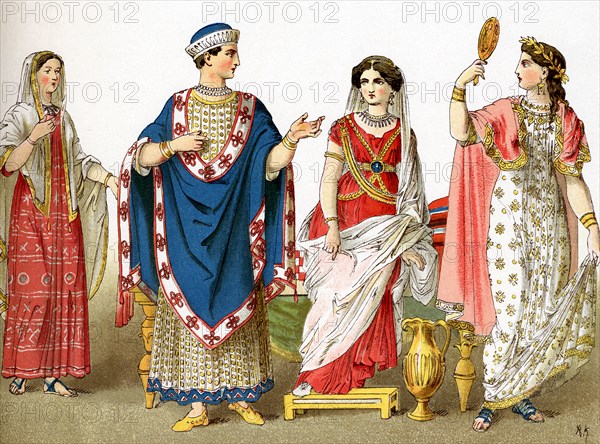 The figures represnt three Etruscan women of the upper class and an Etruscan nobleman. The Etruscan civilization flourished, mostly in northern Itlay, before the rise of Rome. .