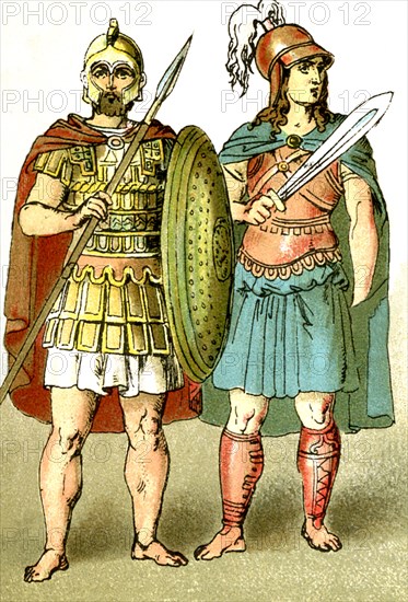 The Etruscan civilization flourished in Etruria, in northern Italy, until the rise of Rome. The Etruscan figures depicted here represent two warriors. The illustration dates to 1882.