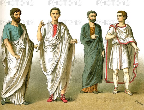 The figures represent ancient Roman males, from left to right: a public orator, a senator, a citizen of the empire, an equestrian (knight).