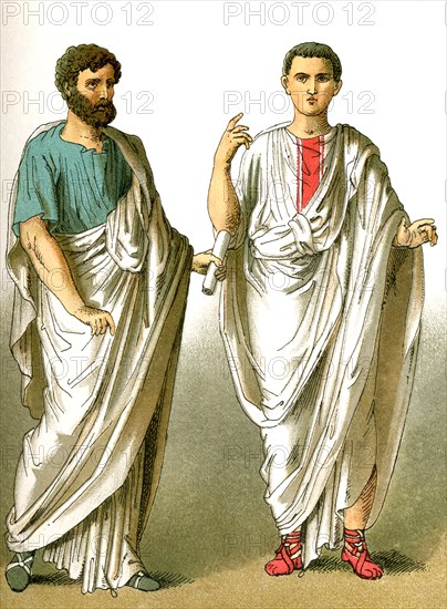 The figures represent ancient Roman males, from left to right: a public orator, a senator.