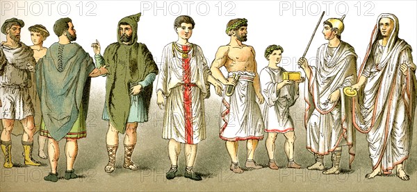 The figures represent ancient Roman men and boys, from left to right: two peasants, two Romans in travel outfits, a nobleman, two asistants at sacrifices, a priest of Jupiter, and a high priest (Pontifex Maximus).