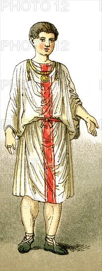 The figure represents an ancient Roman nobleman. The illustrations dates to 1882.