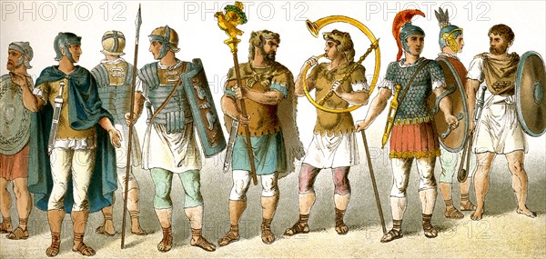 The figures represent ancient Roman military personnel, from left to right: four soldiers, standard bearer, horn-blower, chieftain, soldier, and slinger.