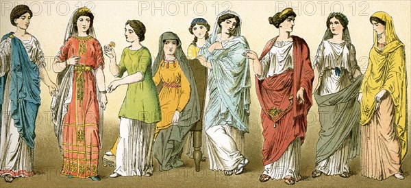 Dress of Roman women in late Republican and Imperial times (around 100 B.C. to A.D. 100). Note the hairstyles.