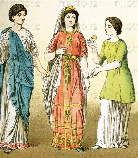 The figures represent three ancient Roman women. The illustration dates to 1882.