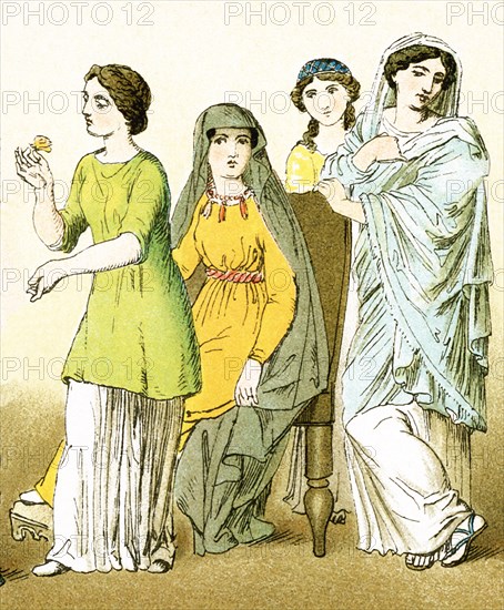 The figures represent four ancient Roman women. The illustration dates ...