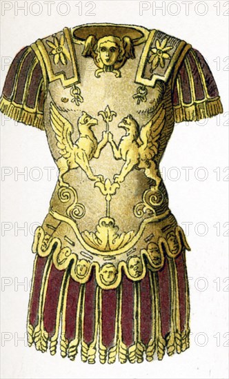 This 1882 illustration shows a Roman general's armour at time of Late Republic and Empire (c. 100 B.C. - A.D. 100).