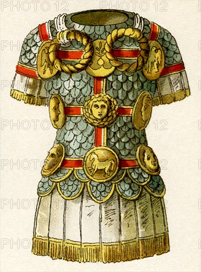 Roman armor at time of Late Republic and Empire (c. 100 B.C. - A.D. 100): with badges of honor, known as phalerae and neck torcs. Made of gold, silver, or bronze, the phalerae were sculpted disks worn on breastplates during parades. The two circular rings at top are neck torcs, also badges of honor/military decorations and worn on breastplates. The illustration dates to 1882.