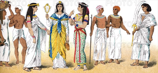 The figures of ancient Egyptians represent, from left to right, two commoners (a woman and a man), three ladies of the upper class, two men of the upper class, and a royal fanbearer.