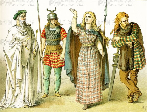 The figures in this illustration represent, from left to right: a Druid priest, a Gallic warrior, the British Queen Boudicea (also spelled Boudicca and Boudica and Boadicea), and another Gallic warrior. The illustration dates to 1882.