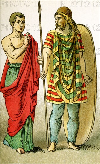 Pictured here are a Gaul, who has been Romanized (hair style and no beard or mustache) and a Gallic warrior. The time period is around the 50s B.C., when the Roman statesman and general Julius Caesar led his troops against into Gaul and conquered the Gauls. The illustration dates to 1882.