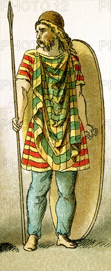 Pictured here is a Gallic warrior. The time period is around the 50s B.C., when the Roman statesman and general Julius Caesar led his troops into Gaul and conquered the Gauls. The illustration dates to 1882.