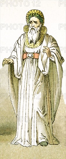 This illustration, dating to 1882, shows a Druid priest in a judge's garb. Druids were an ancient Celtic order of priests and diviners. Julius Caesar mentions Druids when speaking of his conquest of Gaul in the 50s B.C. Another Roman author also mentioned Druids, and spoke of a Druidic ceremony in which a priest adorned in a white robe climed an oak tree and cut down a branch with mistletoe with a ""golden sickle."".