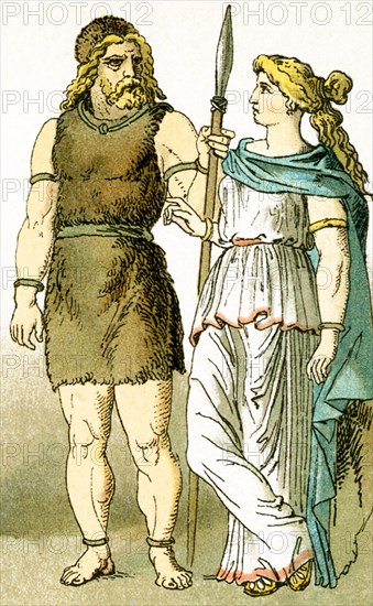 The German man and woman pictured here date to around the first century B.C. It was at the same, the 50s B.C. to be exact, that the Roman statesman and general Julius Caesar led his troops against the Gauls and the Germans. The illustration dates to 1882.