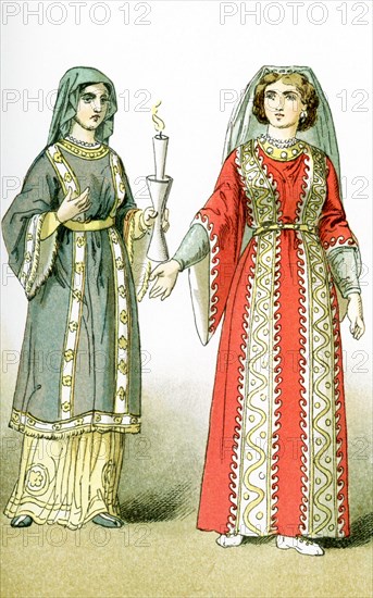 This illustration shows two women who lived after A.D. 330, when Chtistianity became the religion of the Roman Empire. The illustration dates to 1882.