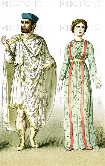 This illustration shows a man and a woman who lived after A.D. 330, when Chtistianity became the religion of the Roman Empire. The illustration dates to 1882.