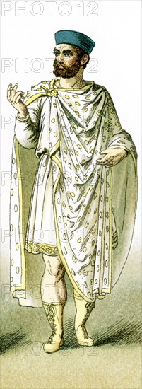 This illustration shows a Roman Christian man who lived after A.D. 330, when Chtistianity became the religion of the Roman Empire. The illustration dates to 1882.