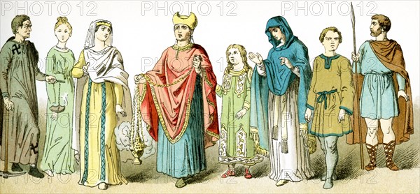 The figures represented here, from left to right, represent ancient Roman Christians. From left to right, they are: a gravedigger from the catacombs, two women, a priest, a woman with two children, and a soldier. The illustration dates to 1882.