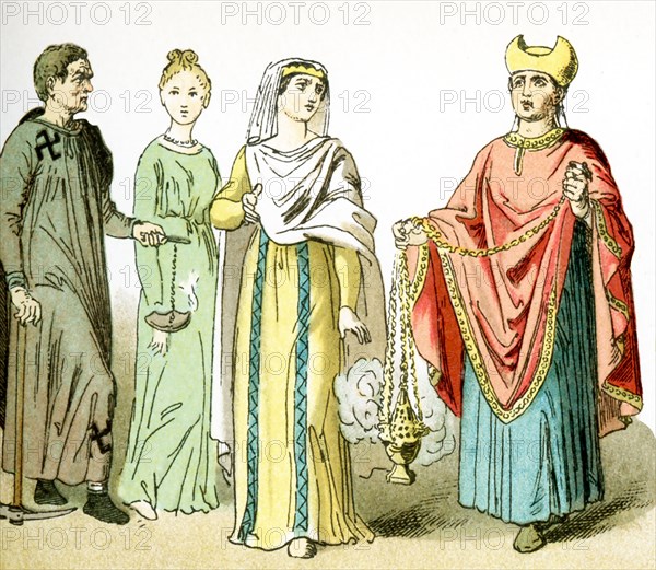 The figures represented here, from left to right, represent ancient Roman Christians. From left to right, they are: a gravedigger from the catacombs, two women, and a priest. The illustration dates to 1882.