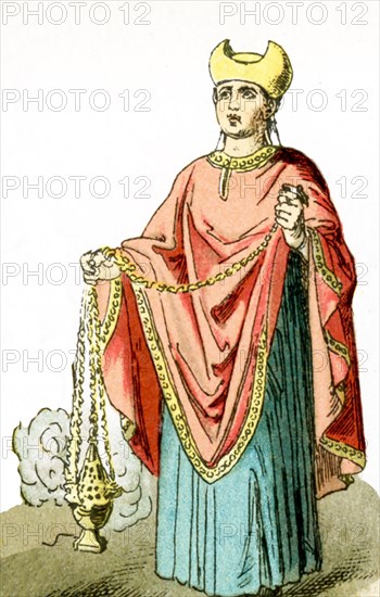 The figure represented here represents an ancient Roman Christian priest. The illustration dates to 1882.