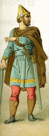 This illustration, dating to 1882, represents an Anglo Saxon general in 975. The term Anglo Saxons refers to Germanic peoples who lived in and ruled Britian from about A.D. 500-1000.