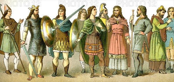 Anglo_Saxon refers to the Germanic-speaking people who settled in England when Roman ruled there ended. These Anglo-Saxon figures represent, from left to right: warrior, king (A.D. 750), warrior, five men of rank, bishop (A.D. 1000), man of rank. .