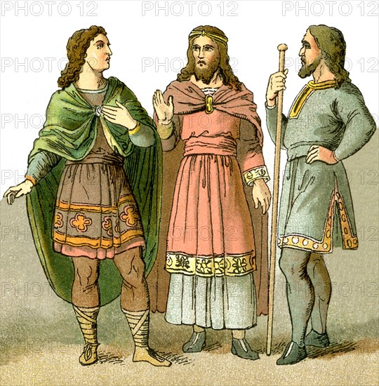 Anglo-Saxon refers to the Germanic-speaking people who settled in England when Roman ruled there ended - from the early fifth century A.D. to the 11th century. These Anglo-Saxon figures represent three men of rank. The illustration date to 1882.