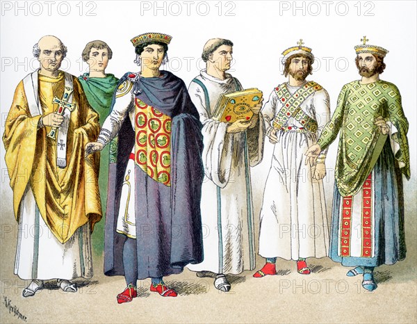 The figures represented here are Byzantines between a.D, 300 and 700. They are, from left to right: Bishop Maximianus, noble, Emperor Justinian, priest, Emperor Phocas (610), Emperor Justinian II (711). The illustration dates to 1882.