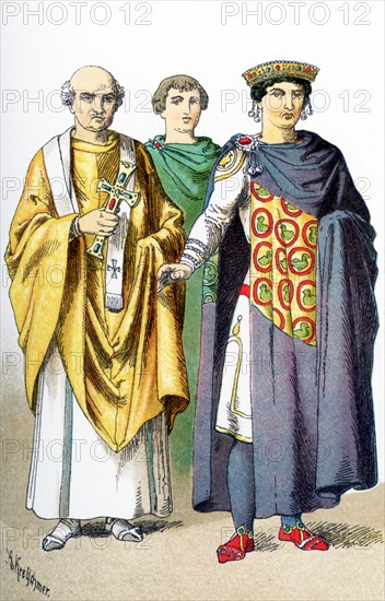 The figures represented here are Byzantines between A.D, 300 and 700. They are, from left to right: Bishop Maximianus, a noble, and the Emperor Justinian. The illustration dates to 1882.