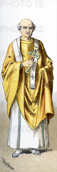 The figure represented here is Maximianus, who was archbishop of Constantinople (present-day Istanbul) from 431 to 434. He was known as a pious clergyman, especially because of his building tombs for the remains of holy men. The illustration dates to 1882.